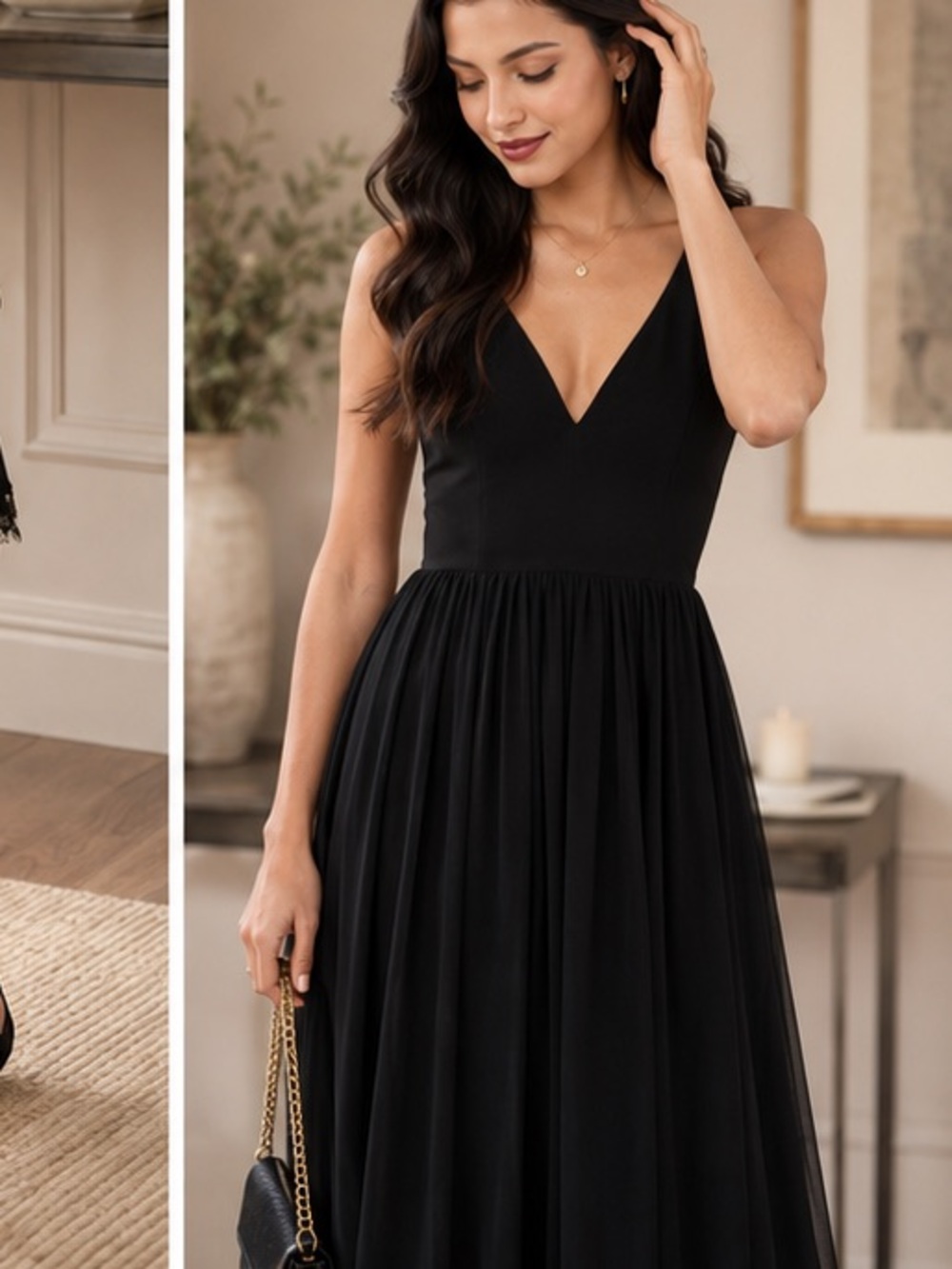 Dress the Population Alicia Dress Black Chiffon Midi Twirl V-Neck Size S - Picture 14 of 16